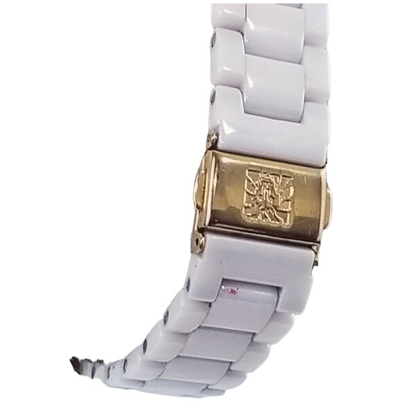 Anne Klein Women's Pink Enamel Gold Tone Watch Mother of Pearl Stainless Steel - Picture 3 of 10